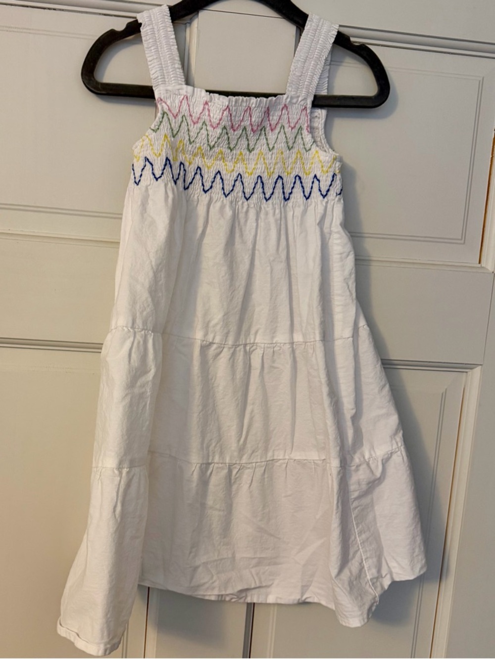 Zara 4-5T White Sundress with Pink, Green, Yellow & Blue Zigzag Smocking